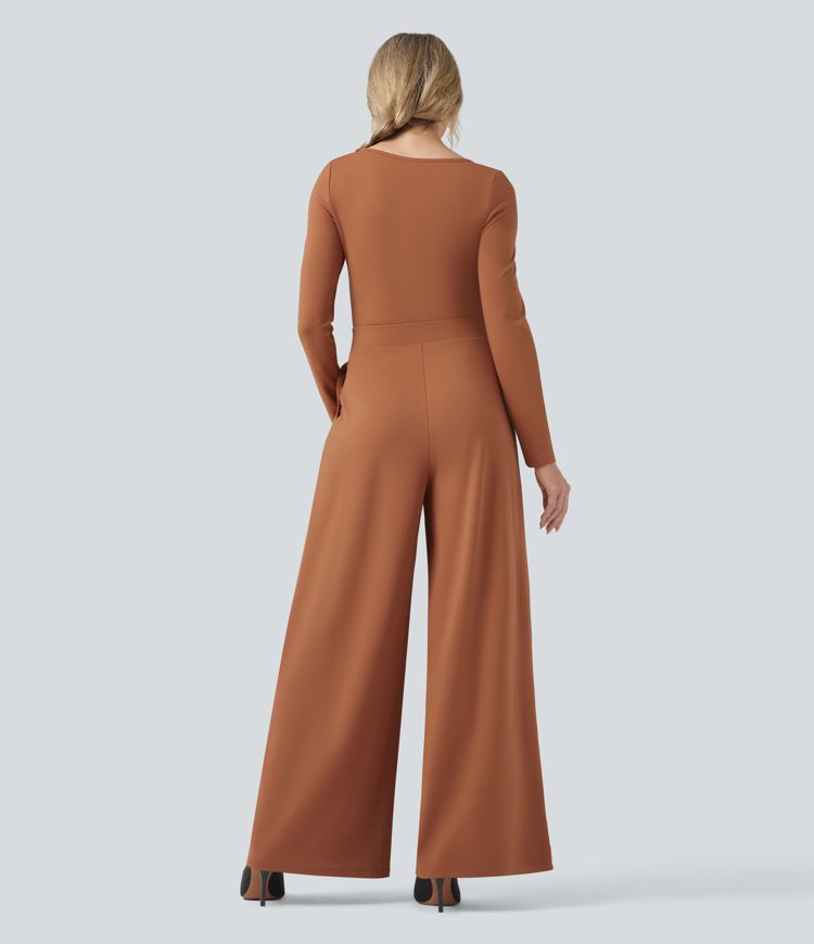 U-hálsmál langermabolur víður fæðandi stílhreinn samfestingur með vösum