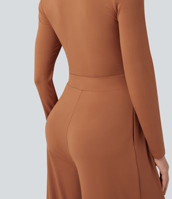 U-hálsmál langermabolur víður fæðandi stílhreinn samfestingur með vösum