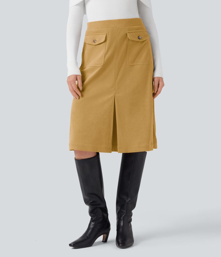 Jupe décontractée mi-longue en velours côtelé taille moyenne avec poches à rabat et fendue