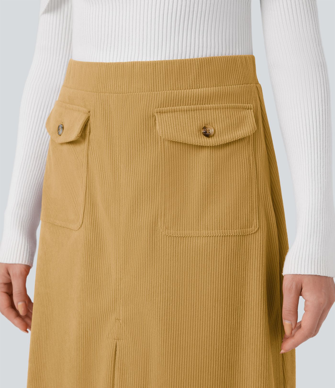 Jupe décontractée mi-longue en velours côtelé taille moyenne avec poches à rabat et fendue