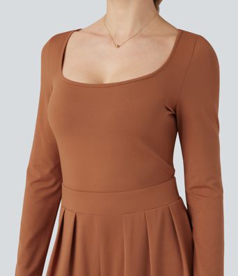 U-hálsmál langermabolur víður fæðandi stílhreinn samfestingur með vösum