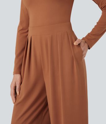 U-hálsmál langermabolur víður fæðandi stílhreinn samfestingur með vösum