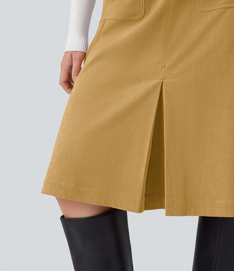 Jupe décontractée mi-longue en velours côtelé taille moyenne avec poches à rabat et fendue