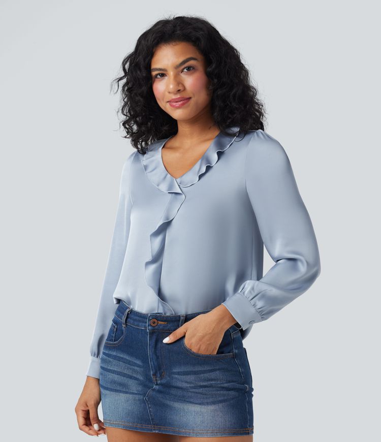 Camisa casual de satén con cuello en V y manga larga con ribete de volantes
