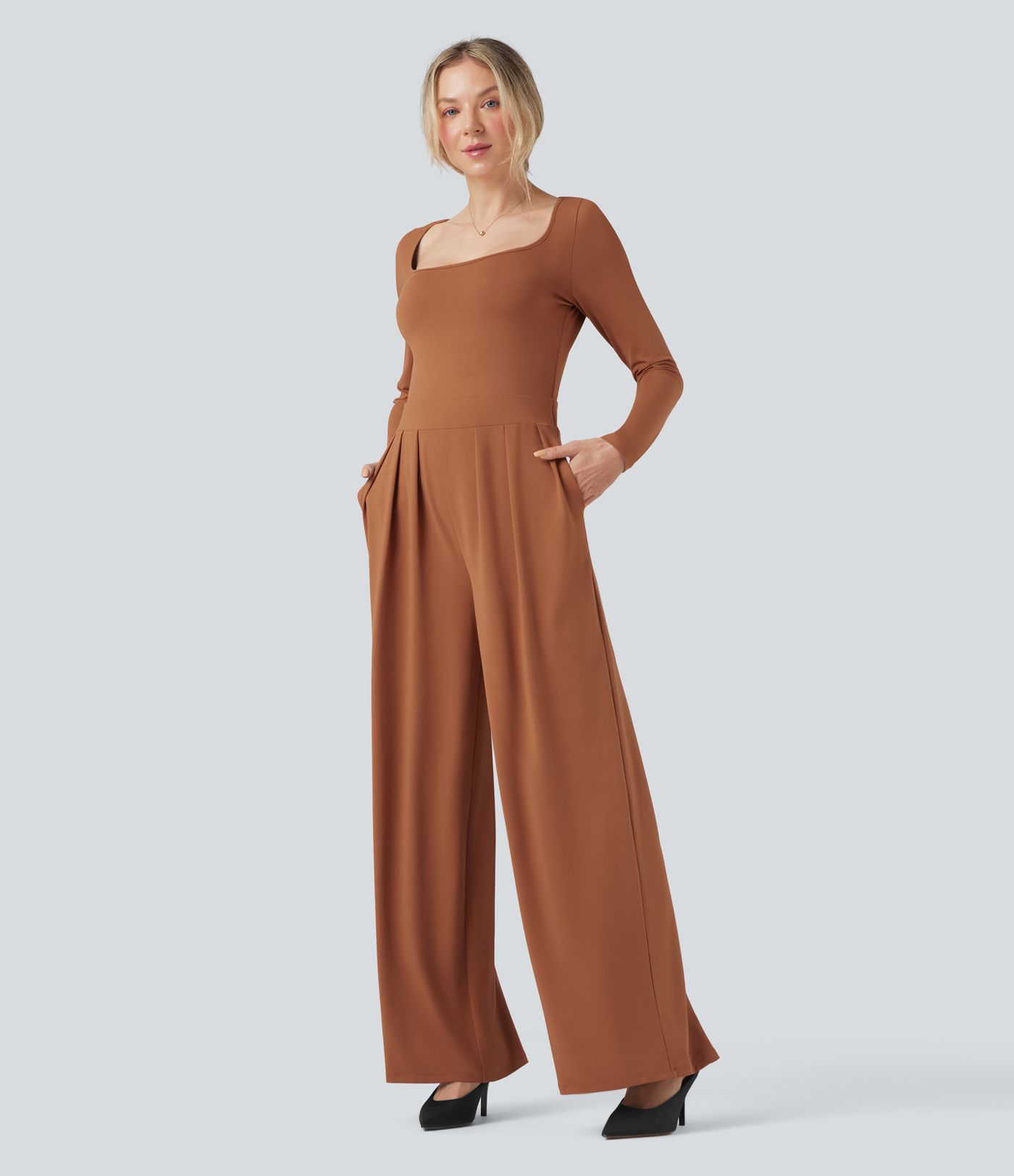 U-hálsmál langermabolur víður fæðandi stílhreinn samfestingur með vösum