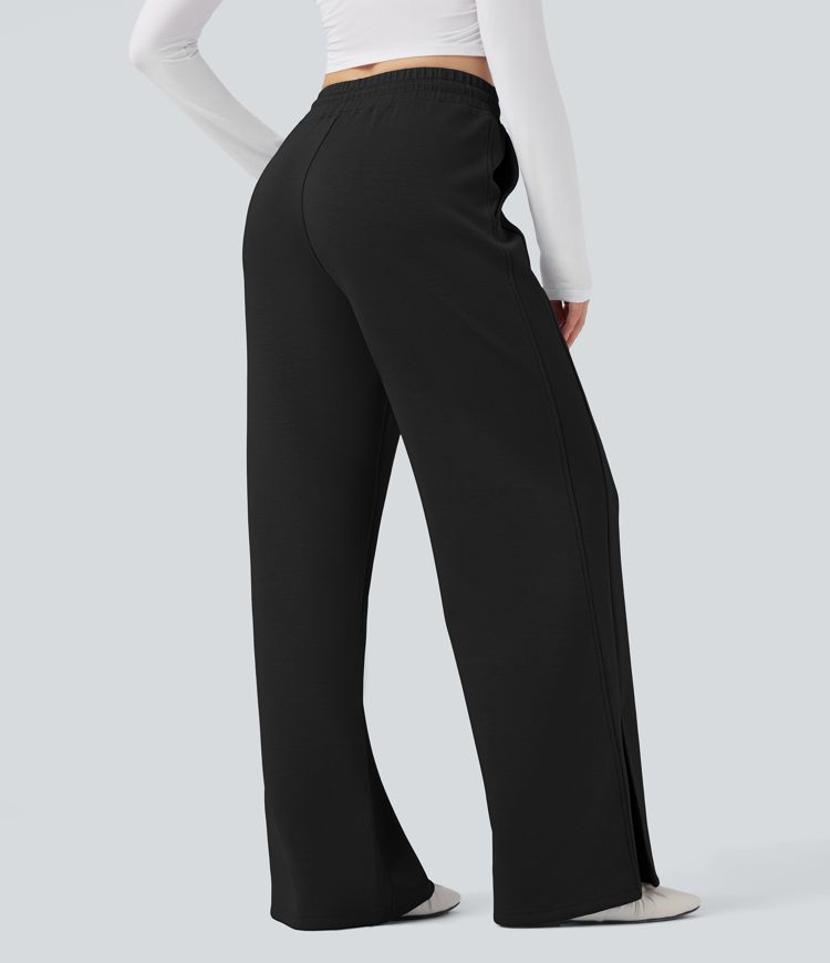 Noir Pantalons de loisirs amples à taille haute avec poches / 2
