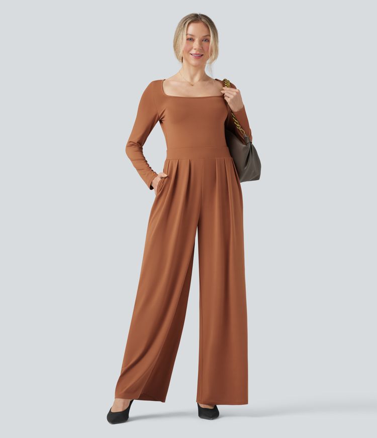 U-Neck Long Sleeve Wide Leg Casual Jumpsuit wih Pockets