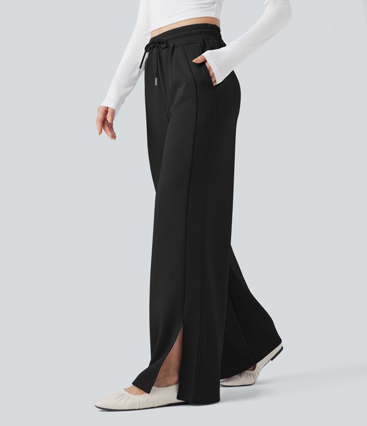 Noir Pantalons de loisirs amples à taille haute avec poches / 1