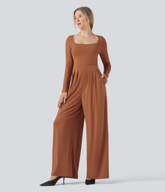 U-hálsmál langermabolur víður fæðandi stílhreinn samfestingur með vösum