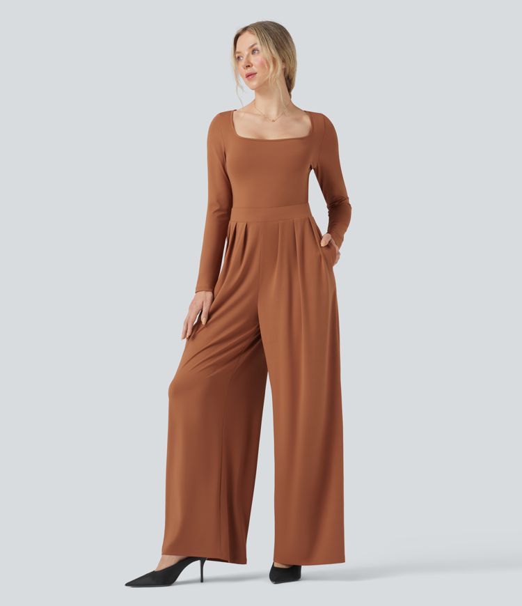 U-hálsmál langermabolur víður fæðandi stílhreinn samfestingur með vösum