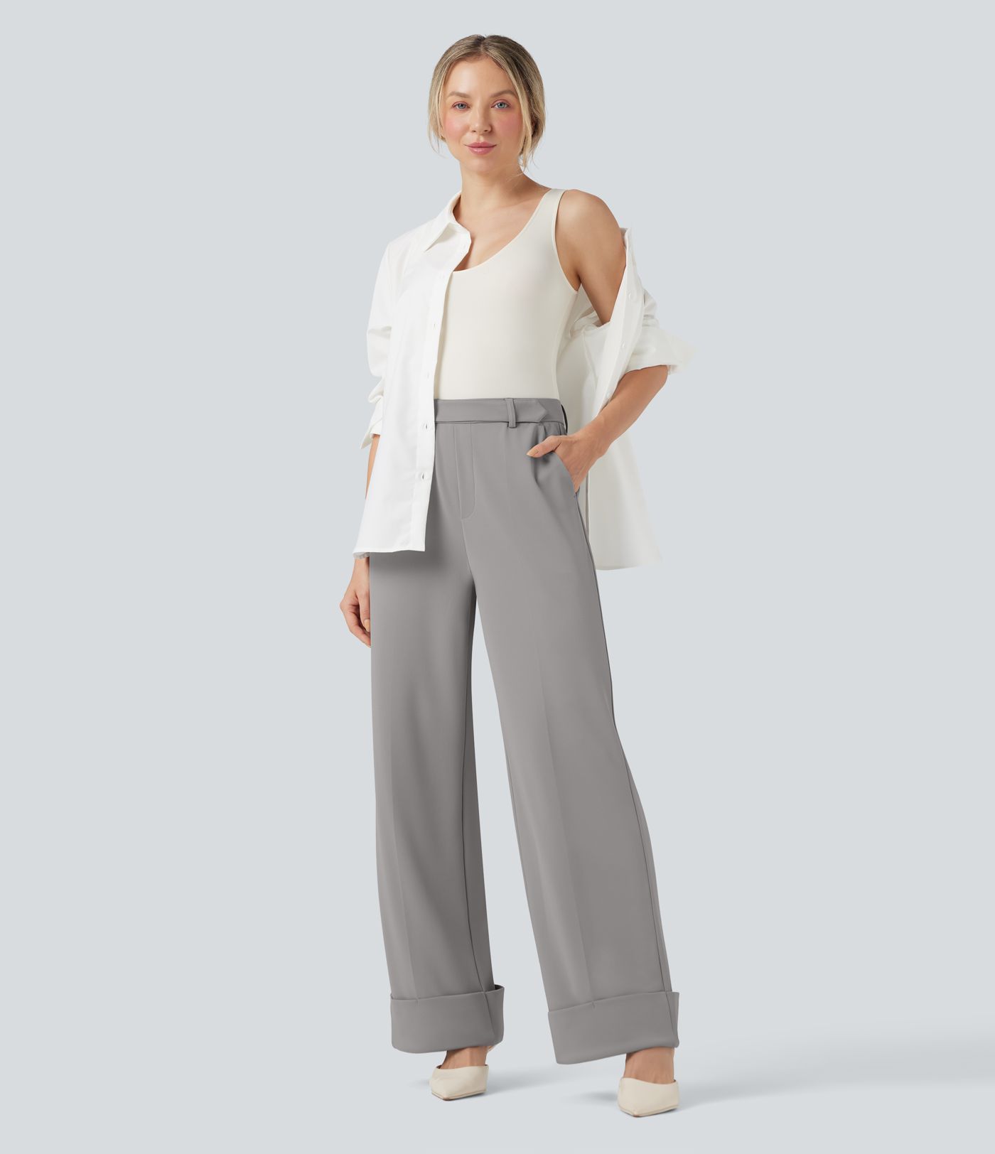 Pantalones holgados de oficina Halara Flex™ de crepé con tiro alto y dobladillo enrollado con bolsillos