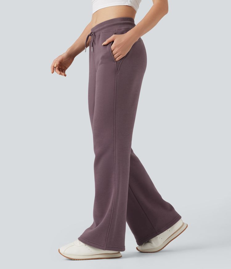 Pantalones casuales acampanados polar de tiro medio con cordón y bolsillos