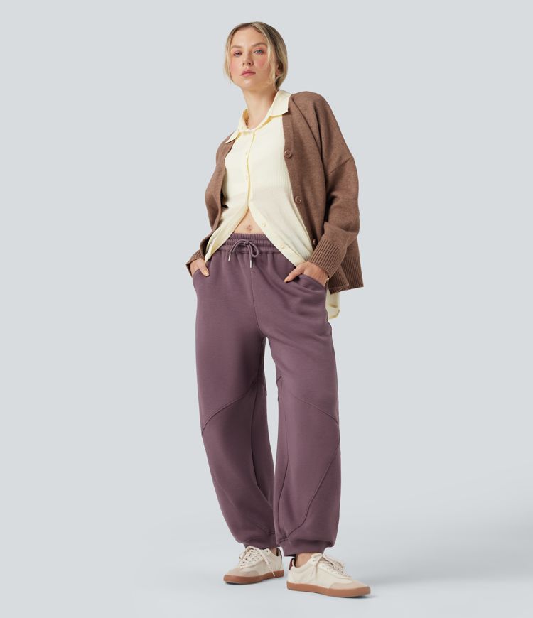 Mid Rise Drawstring Barrel Leg Fleece Casual Cotton Joggers with Pockets