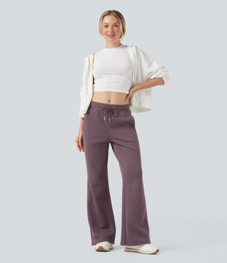 Mid Rise Drawstring Fleece Casual Flare Pants with Pockets