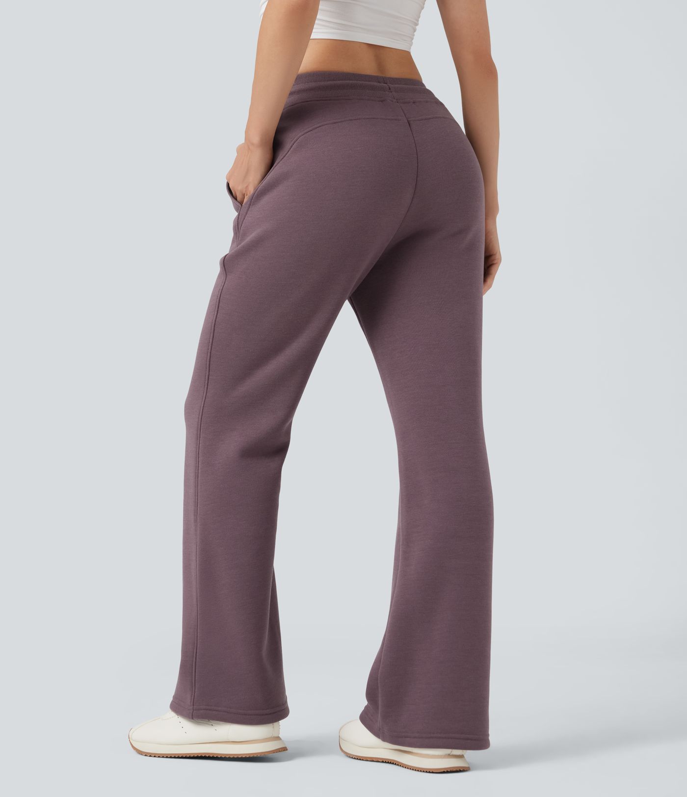 Mid Rise Drawstring Fleece Casual Flare Trackpants with Pockets