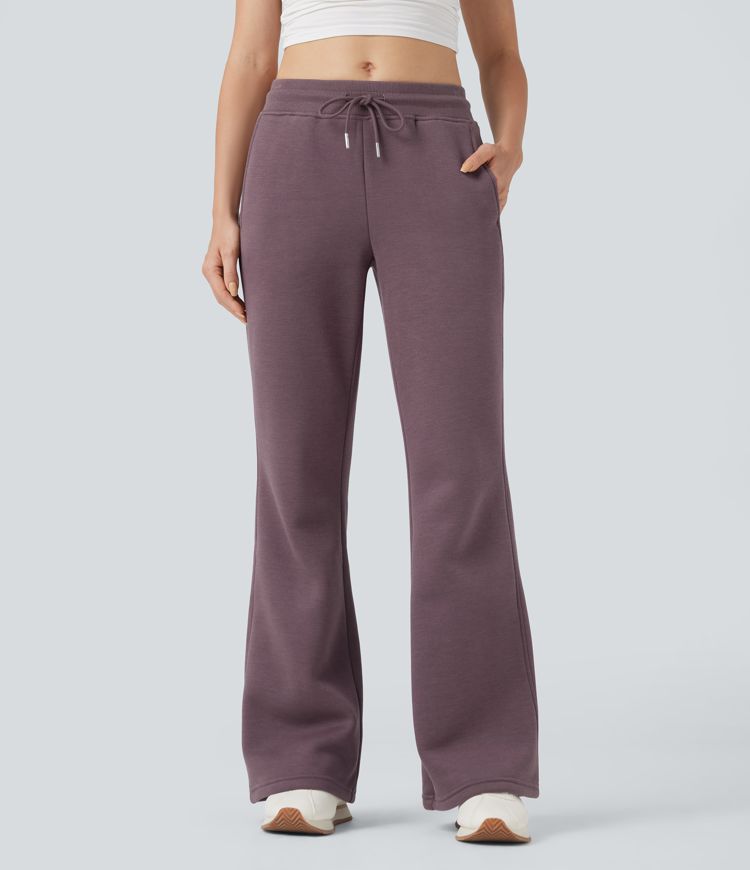 Mid Rise Drawstring Fleece Casual Flare Pants with Pockets