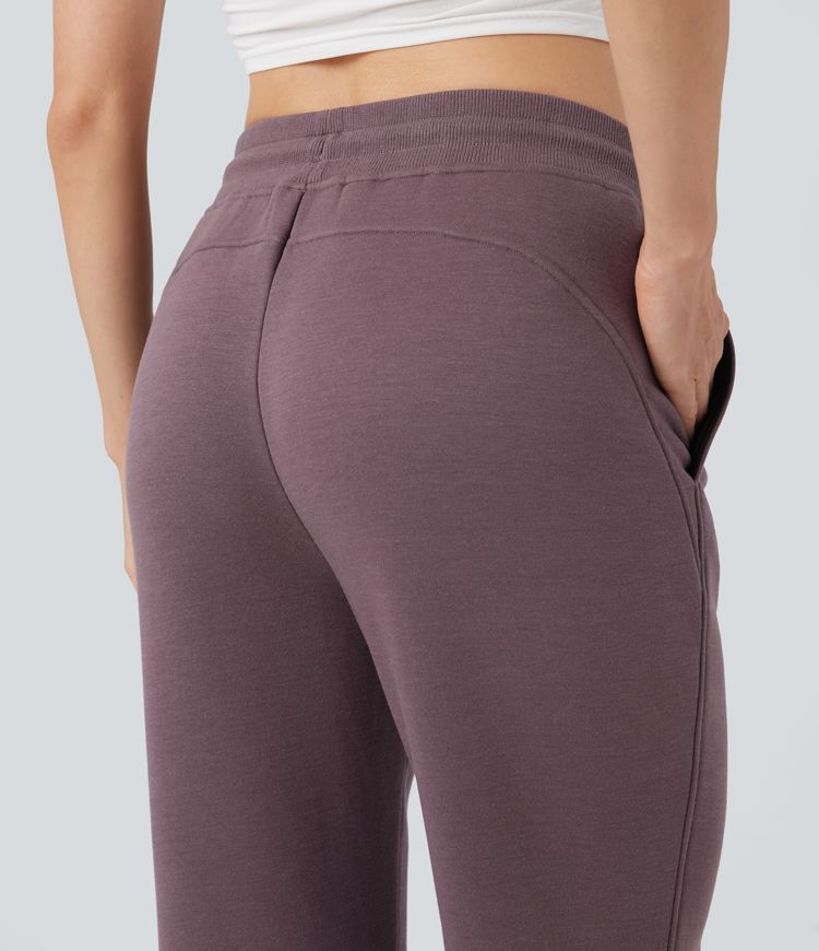 Pantalones casuales acampanados polar de tiro medio con cordón y bolsillos