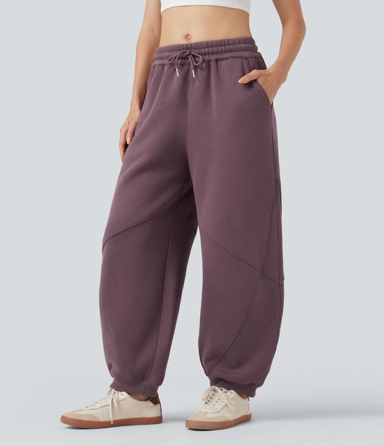 Mid Rise Drawstring Barrel Leg Fleece Casual Cotton Joggers with Pockets