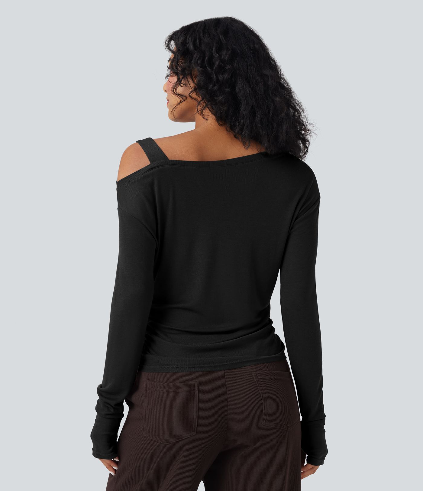 Asymmetrisches, einseitig schulterfreies Langarm-Freizeit-T-Shirt aus Wollmischung