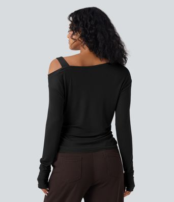 Asymmetrisches, einseitig schulterfreies Langarm-Freizeit-T-Shirt aus Wollmischung