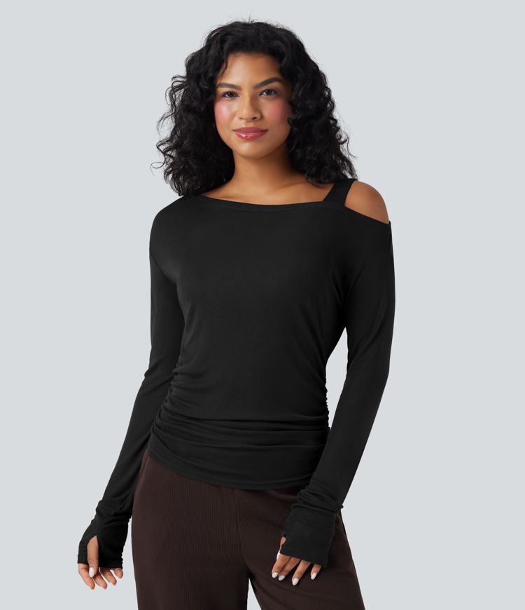 Asymmetrisches, einseitig schulterfreies Langarm-Freizeit-T-Shirt aus Wollmischung