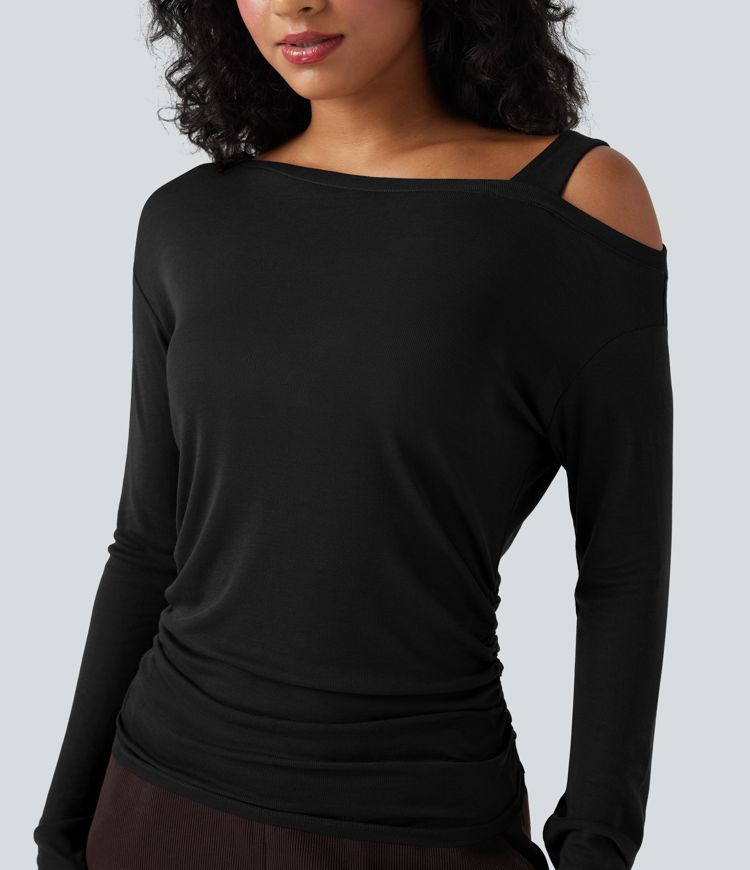 Asymmetrisches, einseitig schulterfreies Langarm-Freizeit-T-Shirt aus Wollmischung