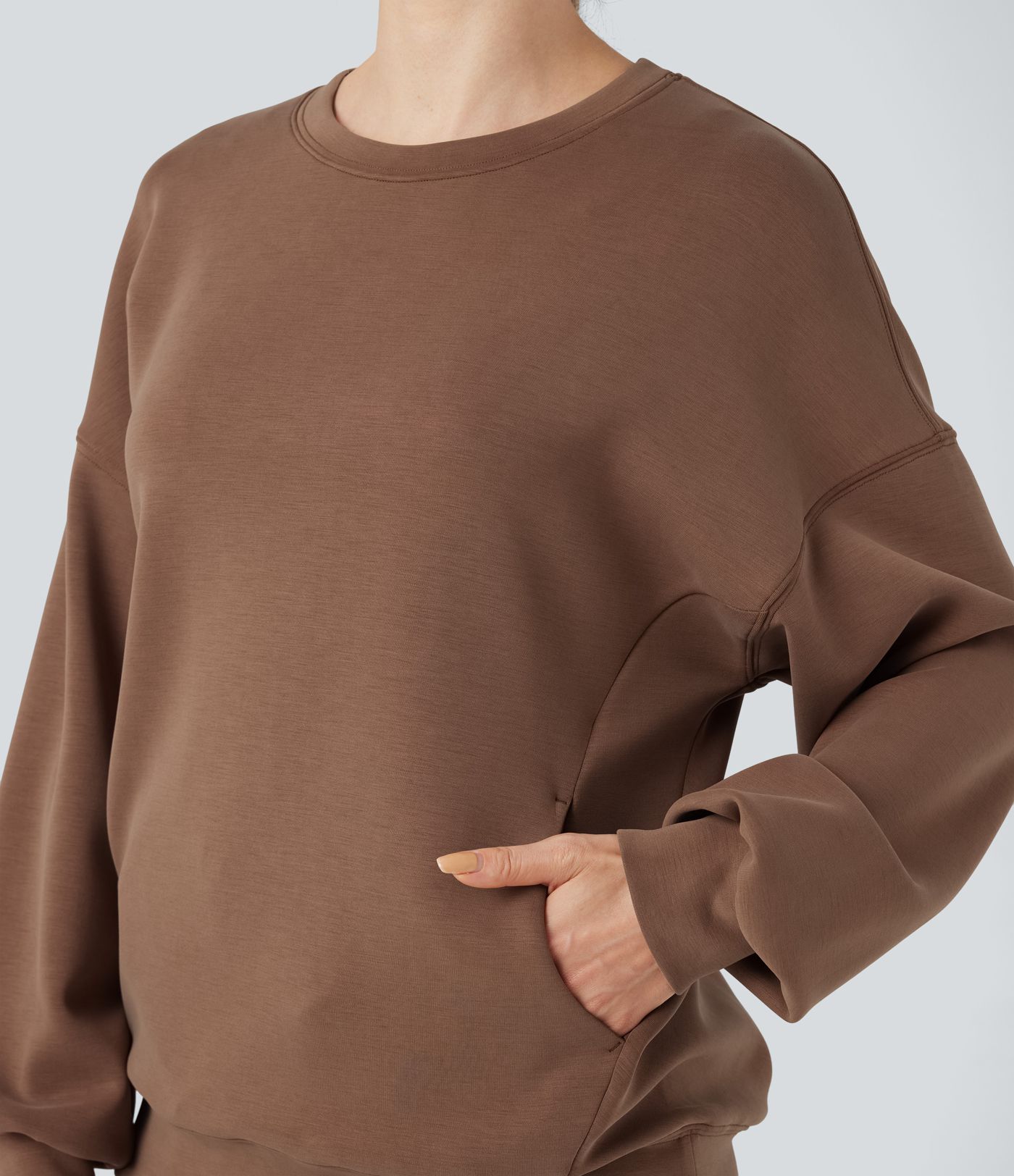 SpacerTek™ Round Neck Long Sleeve Crossover Back Casual Sweatshirt with Pockets