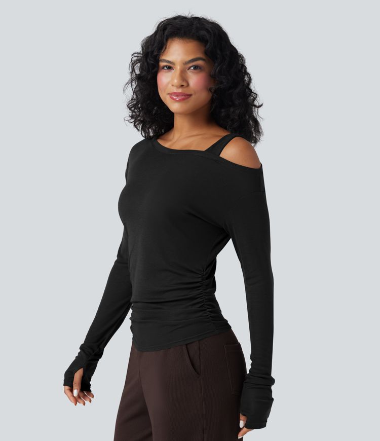 Asymmetrisches, einseitig schulterfreies Langarm-Freizeit-T-Shirt aus Wollmischung