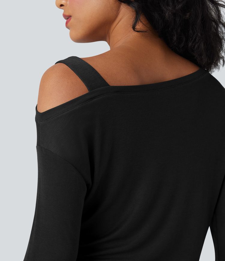 Asymmetrisches, einseitig schulterfreies Langarm-Freizeit-T-Shirt aus Wollmischung