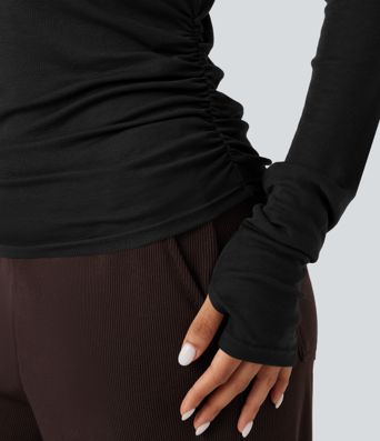 Asymmetrisches, einseitig schulterfreies Langarm-Freizeit-T-Shirt aus Wollmischung