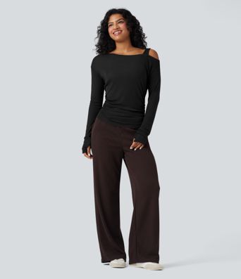 Asymmetrisches, einseitig schulterfreies Langarm-Freizeit-T-Shirt aus Wollmischung