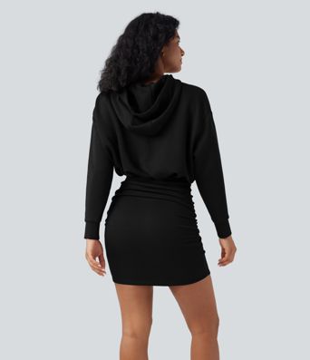 SpacerTek™ Long Sleeve Ruched Bodycon Mini Casual Hoodie Dress