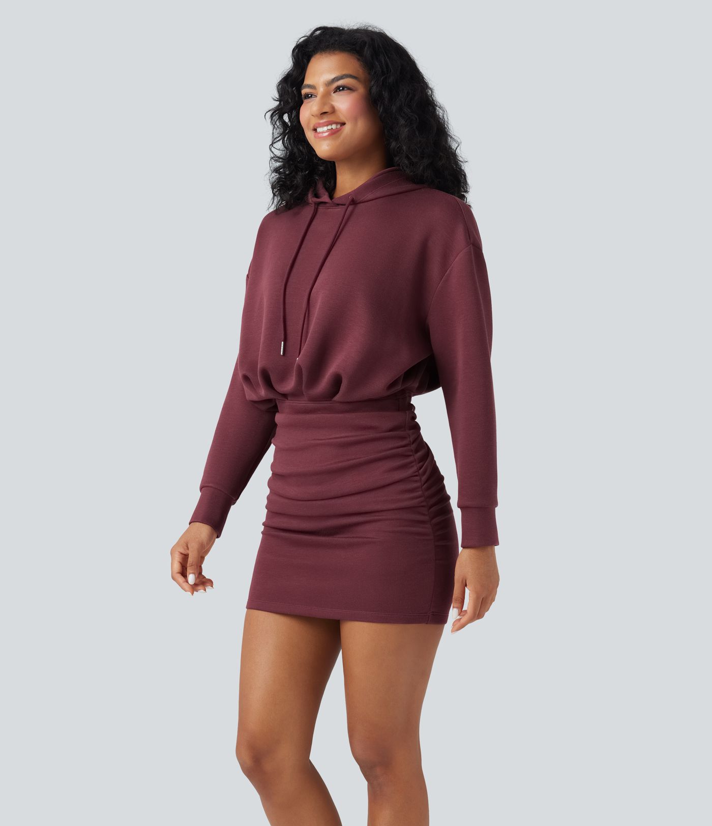 SpacerTek™ Long Sleeve Ruched Bodycon Mini Casual Hoodie Dress