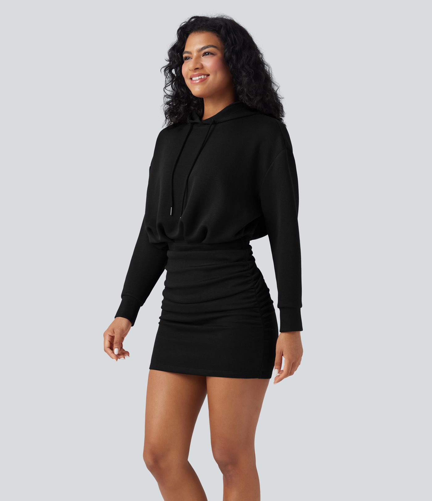 SpacerTek™ Long Sleeve Ruched Bodycon Mini Casual Hoodie Dress