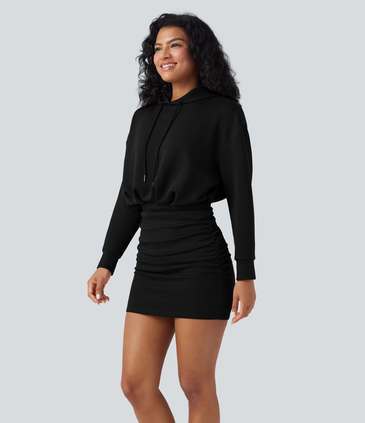 SpacerTek™ Long Sleeve Ruched Bodycon Mini Casual Hoodie Dress