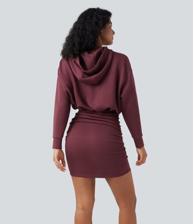 Robe sweat à capuche mini moulante manches longues froncée