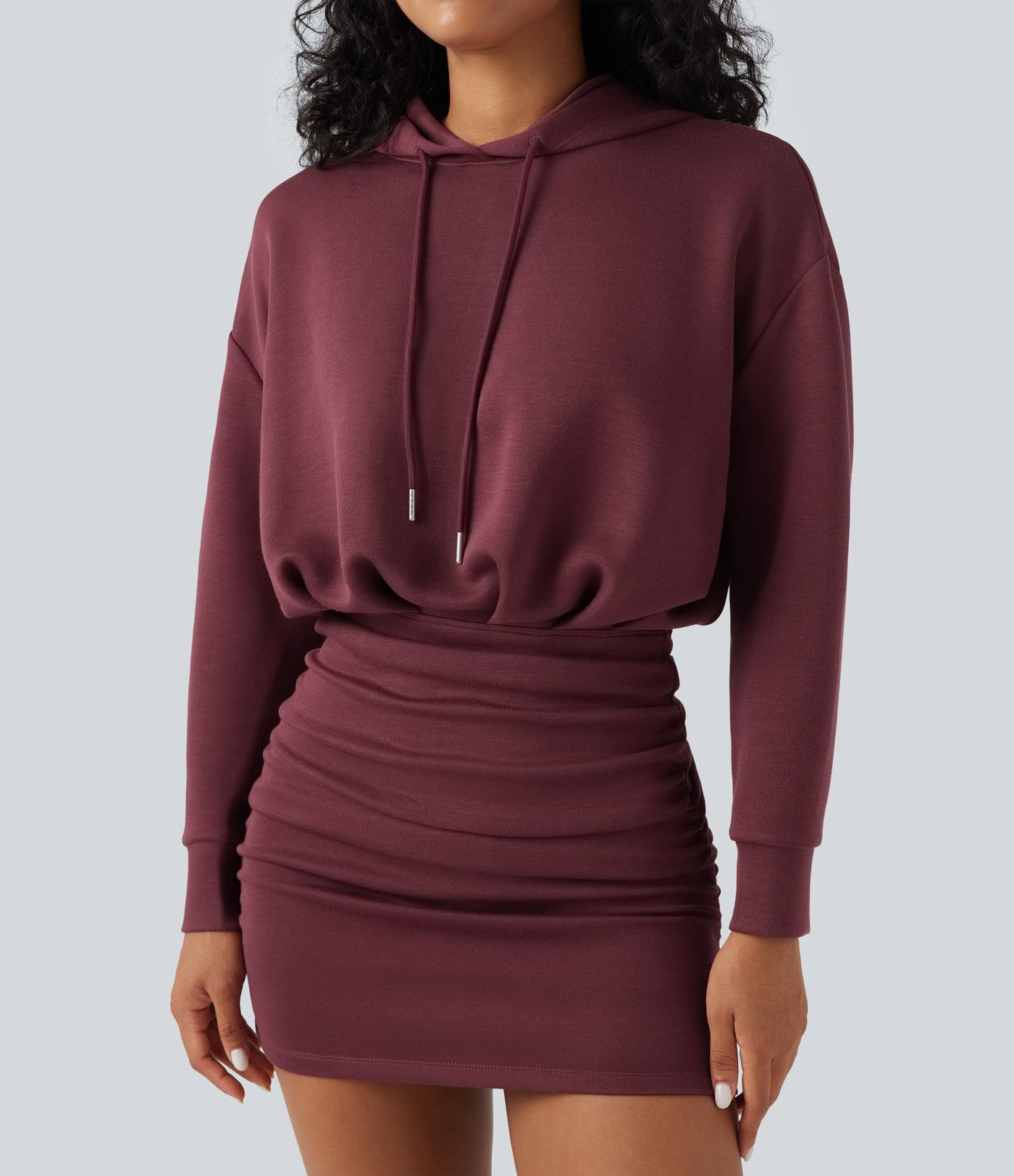 SpacerTek™ Long Sleeve Ruched Bodycon Mini Casual Hoodie Dress