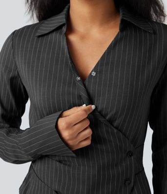 Camisa de oficina de manga larga cruzada con cordones y rayas