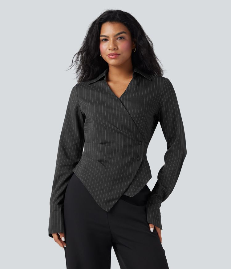 Long Sleeve Wrapped Lace Up Stripe Work Shirt