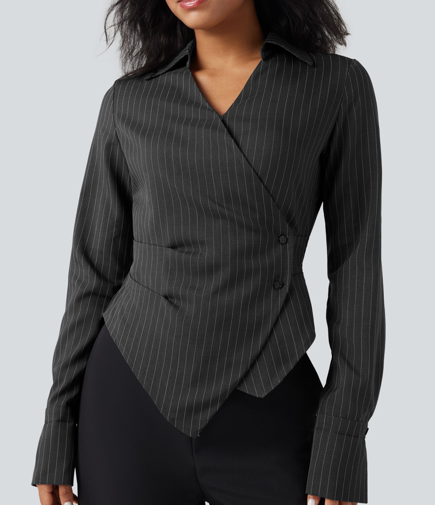 Camisa de oficina de manga larga cruzada con cordones y rayas