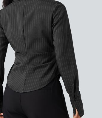 Camisa de oficina de manga larga cruzada con cordones y rayas