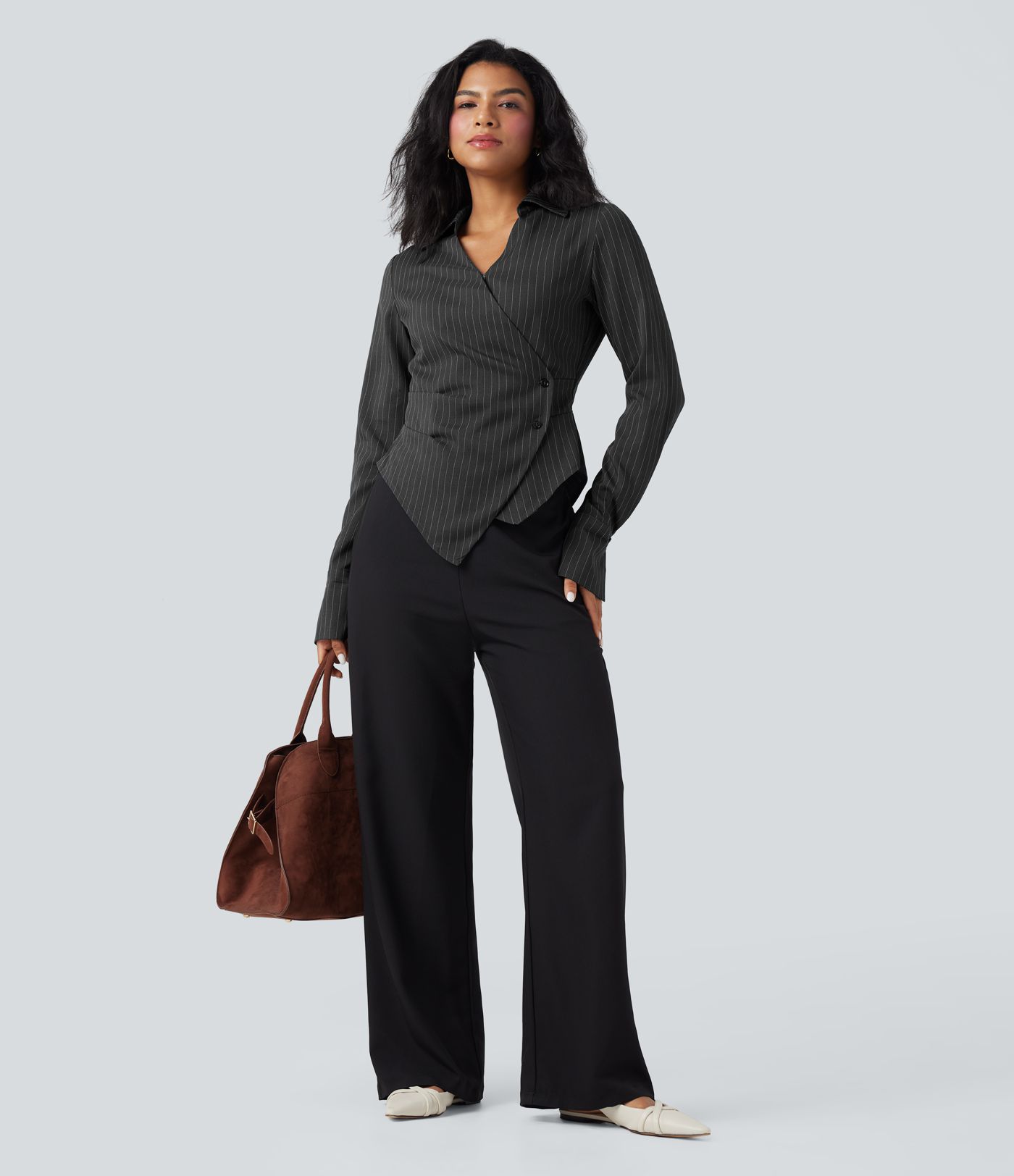 Camisa de oficina de manga larga cruzada con cordones y rayas