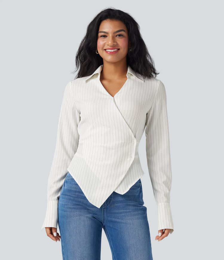 Women's Long Sleeve Wrapped Lace Up Stripe Work Shirt Halara