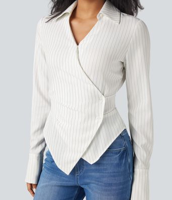 Long Sleeve Wrapped Lace Up Stripe Work Shirt