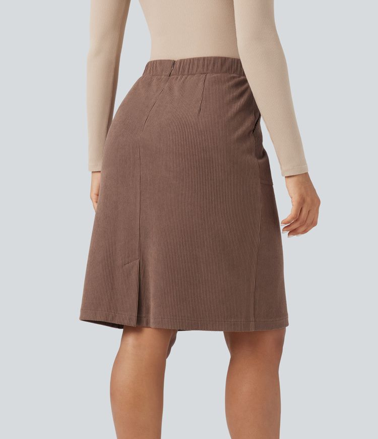 High Waisted  A-line Split Corduroy Casual Skirt with Pockets