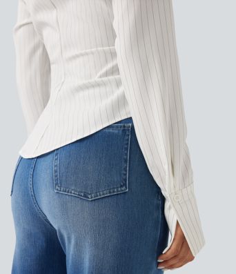 Long Sleeve Wrapped Lace Up Stripe Work Shirt