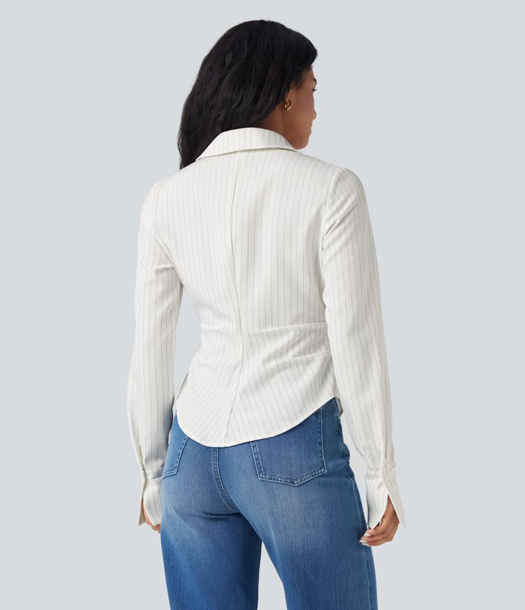 Long Sleeve Wrapped Lace Up Stripe Work Shirt