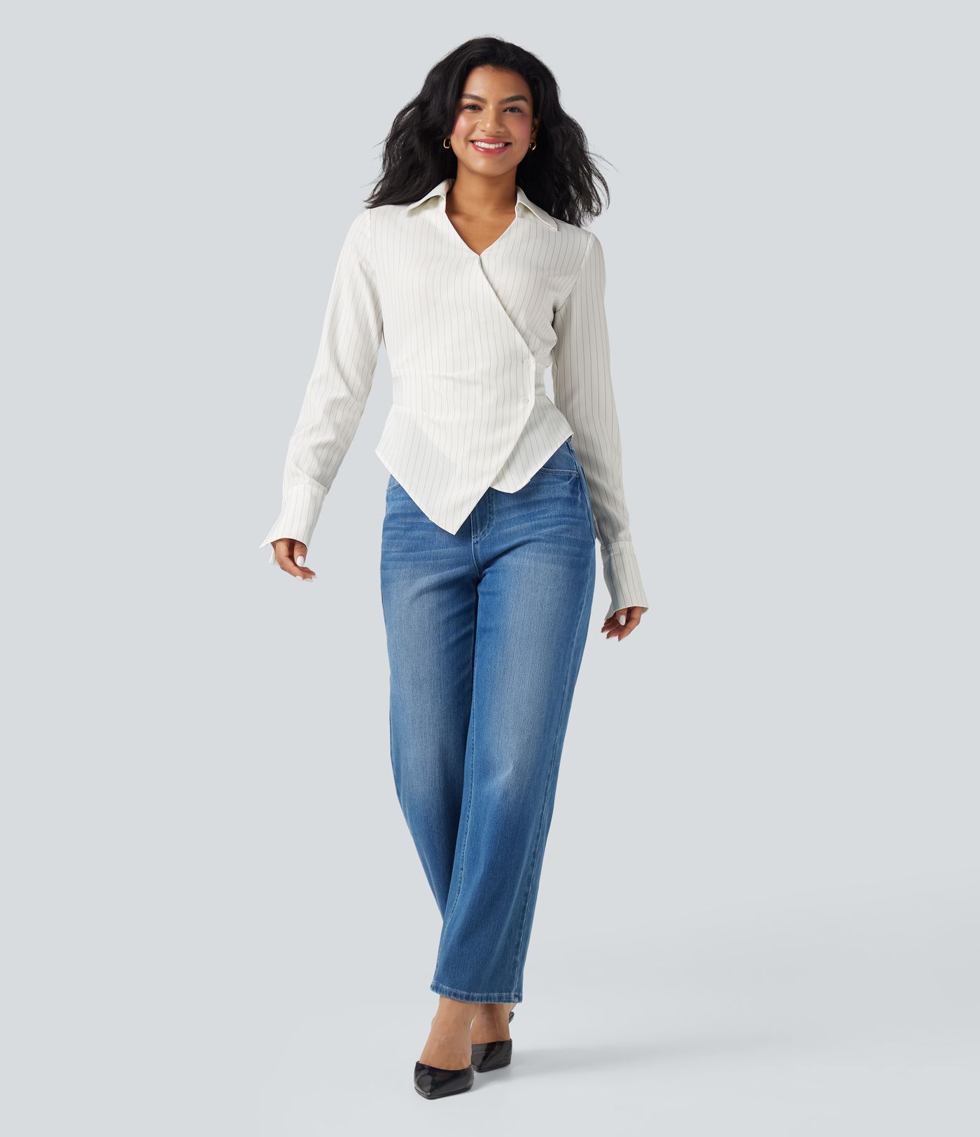 Long Sleeve Wrapped Lace Up Stripe Work Shirt