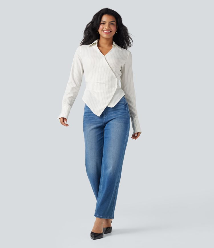 Long Sleeve Wrapped Lace Up Stripe Work Shirt