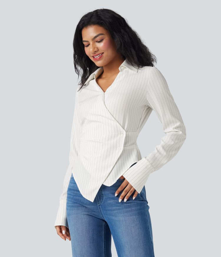 Long Sleeve Wrapped Lace Up Stripe Work Shirt